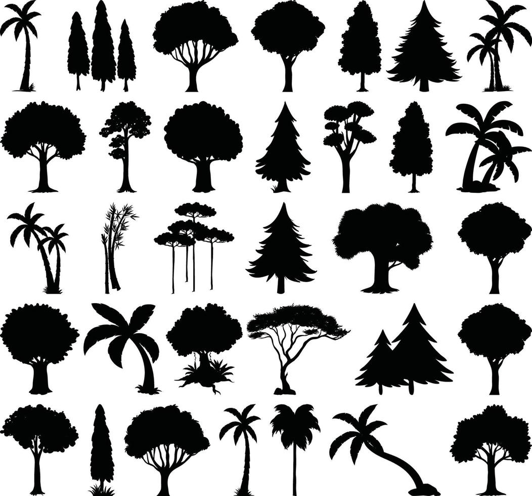 conjunto de silueta de planta y árbol vector