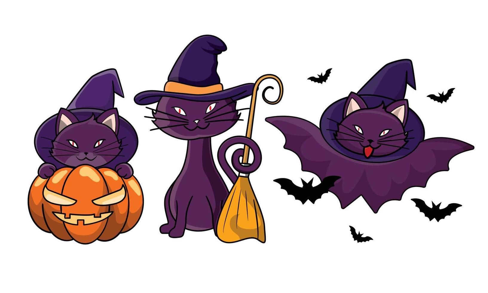 lindo gato en disfraces de halloween. disfraz de bruja, cabeza de calabaza, disfraz de murciélago, calabaza vector