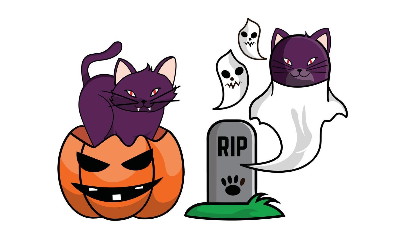 Cute Cat in Halloween Costumes. Ghost Cat, Tombstone, Pumpkin Head vector