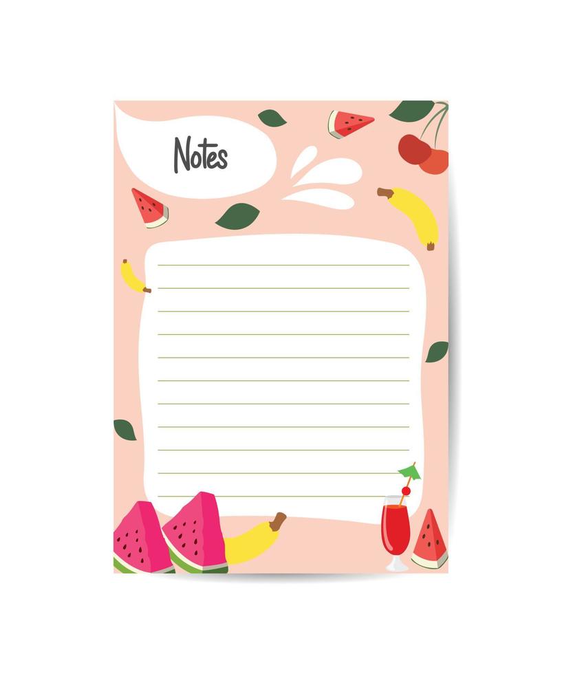 tenga en cuenta el vector de plantilla imprimible con ilustración de frutas. tamaño de carta de página de cuaderno blanco en blanco para una planificación eficaz.