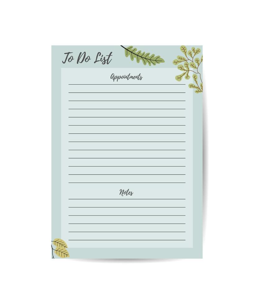 Weekly or daily plan, notepad, to-do list, with leaf illustration. With flat vector illustration