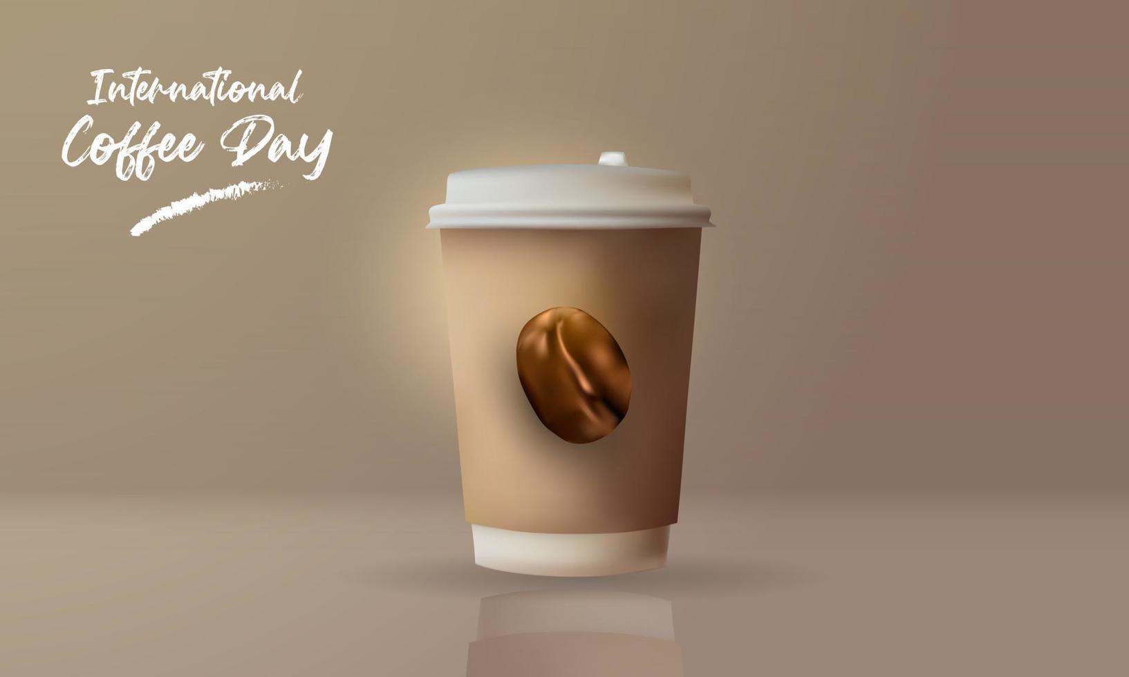 fondo del día internacional del café con una taza de café realista y una ilustración de granos de café vector