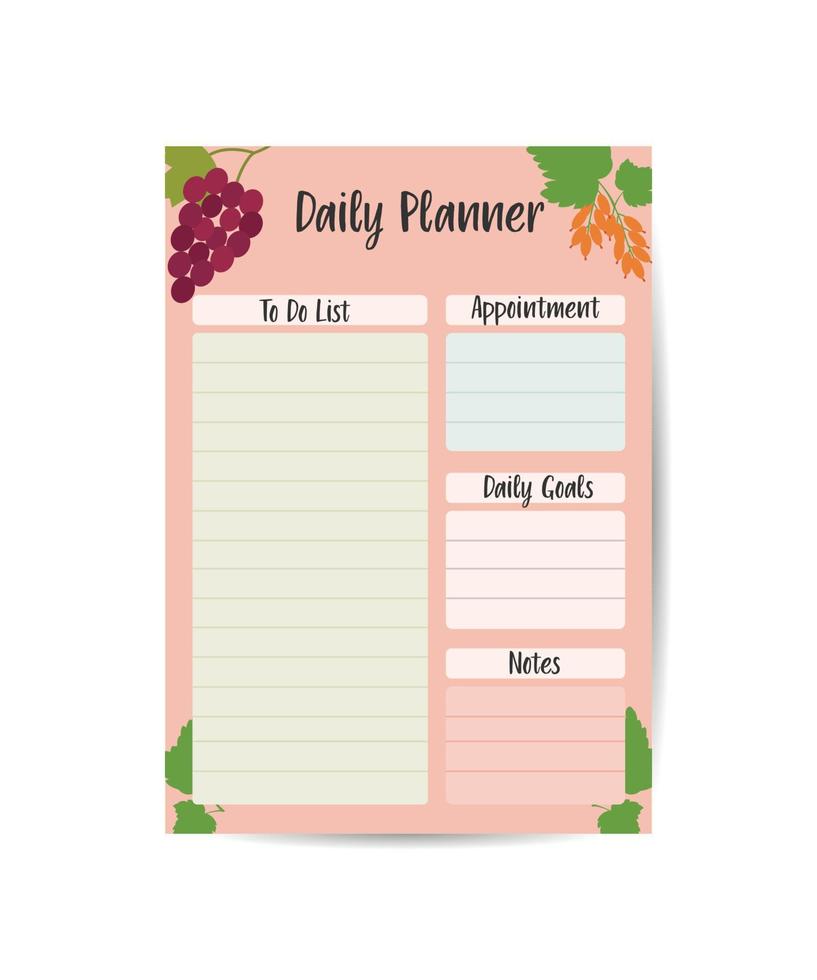 Clean style daily planner vector template Simple and printable summer fruit design to do.