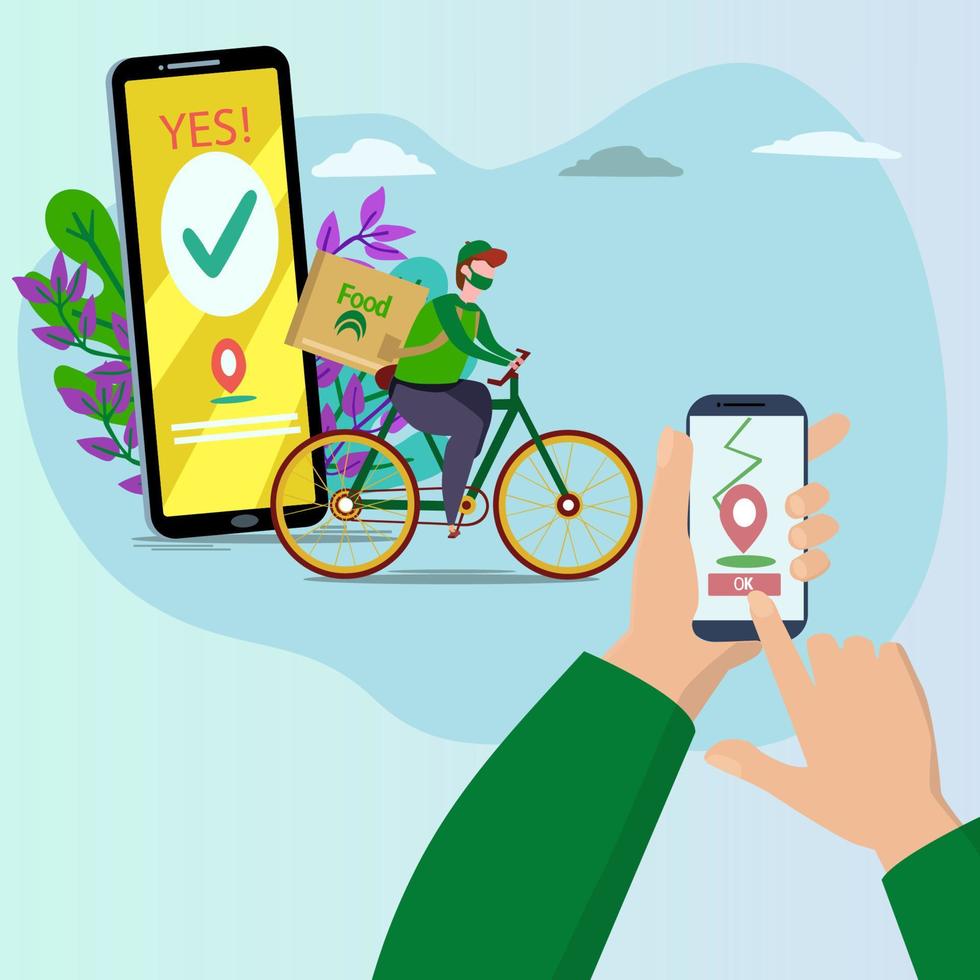 una aplicación de entrega de alimentos en un teléfono inteligente que rastrea a los repartidores en bicicleta con los conceptos de comida rápida, tecnología y logística, cielos despejados en segundo plano. vector