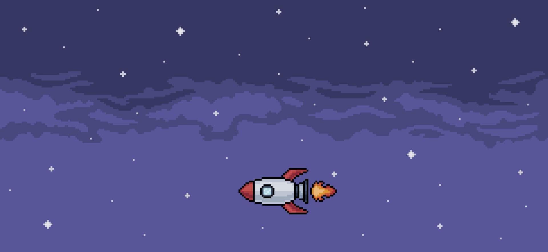 Pixel art background of rocket flying in the night sky background vector for 8 bit game