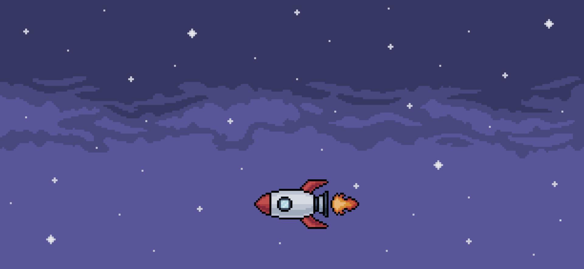 fondo de pixel art de cohete volando en el vector de fondo del cielo nocturno para juego de 8 bits