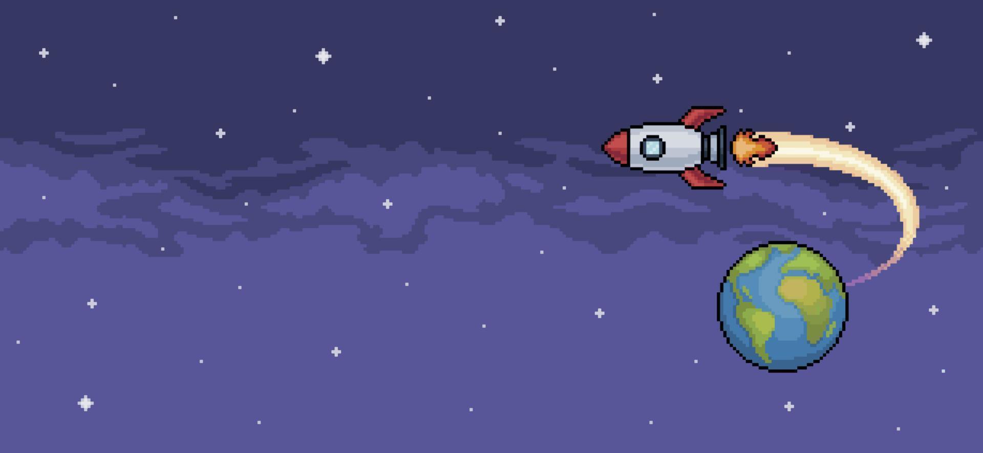 Pixel art background of rocket taking off from earth background vector for 8 bit game