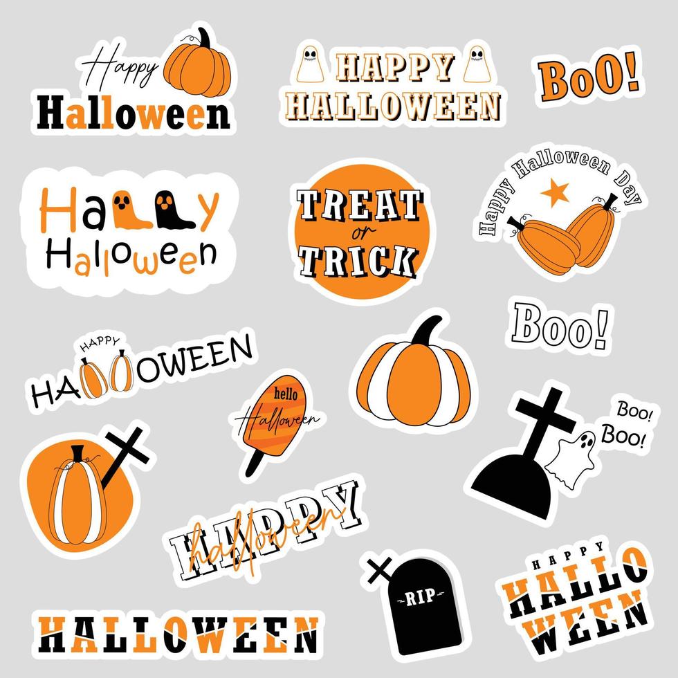 Set of cartoon Halloween stickers. Vector and illustration hand drawn collection of Halloween theme elements.