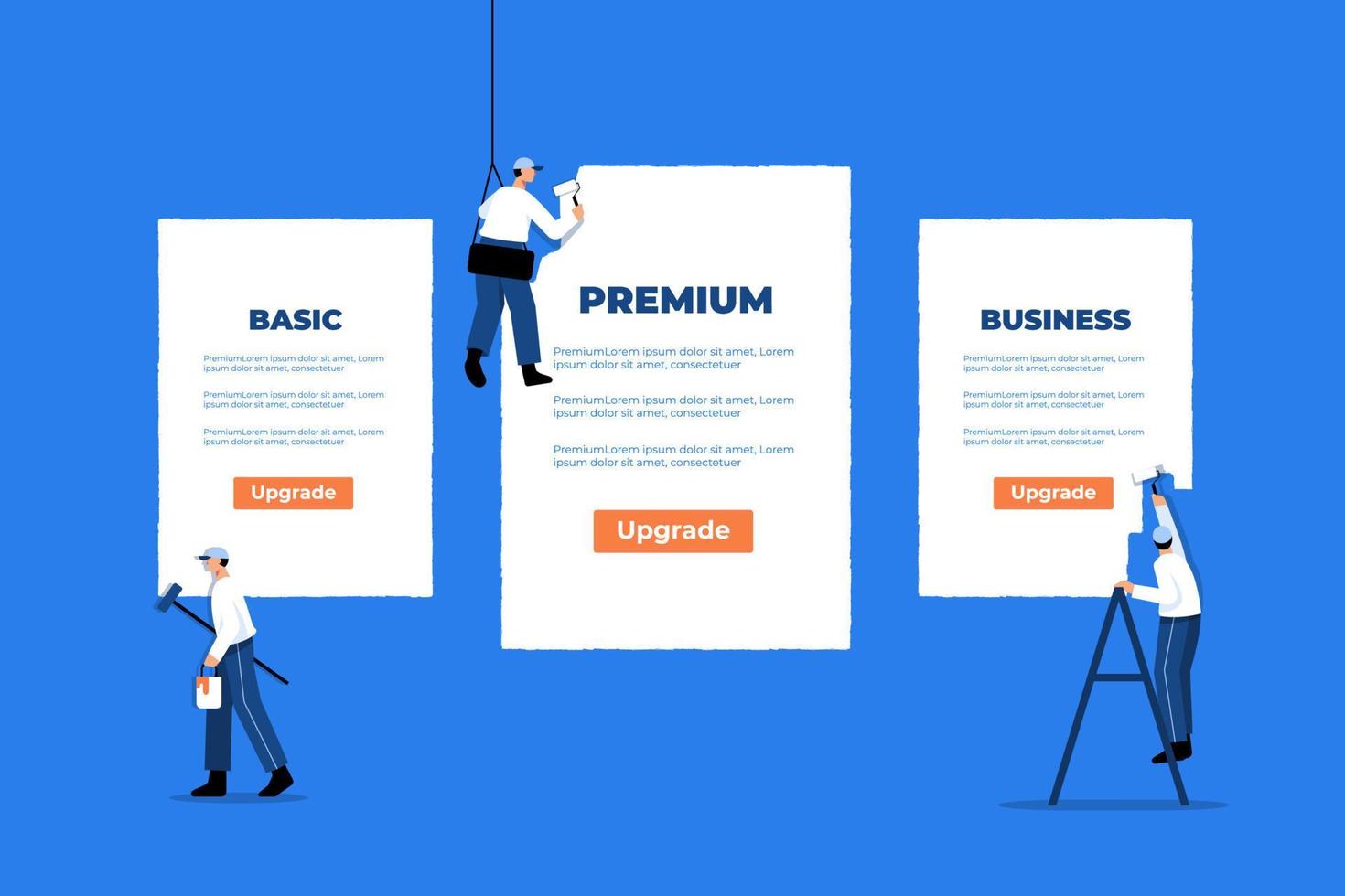 Flat design pricing subscription plan concept with staffs painting big pricing table vector