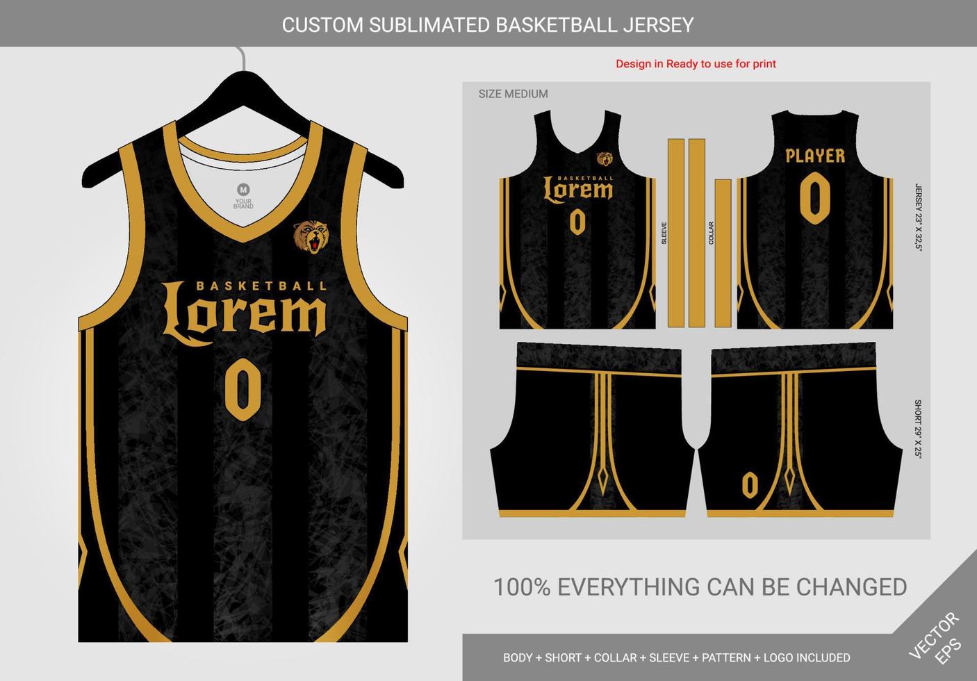 plantilla de jersey de baloncesto degradado negro y dorado abstracto vector