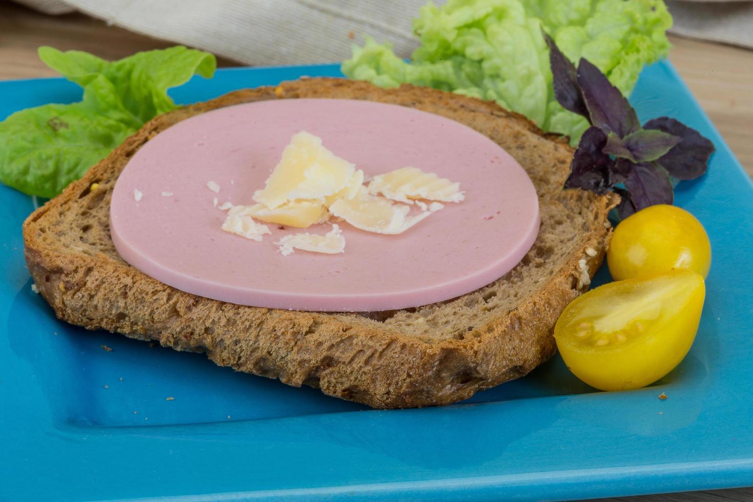 Sausage sandwich on the plate and wooden background photo