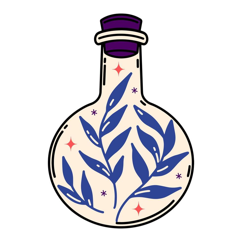Mystery glass bottle with plant branches. Flask with flower elixir. Vector icon isolated on white. Symbol of witchcraft, alchemy, magic. Flat cartoon clipart for posters, cards, print, cosmetics, logo
