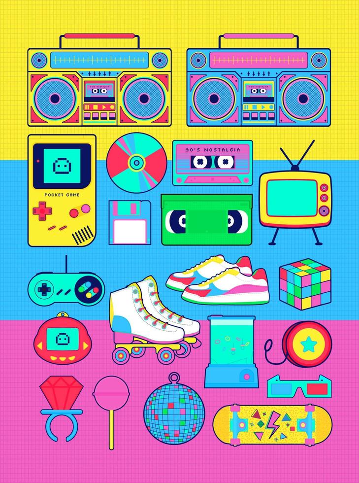 90s 80s memphis nostálgico colorido retro objetos juguetes vector
