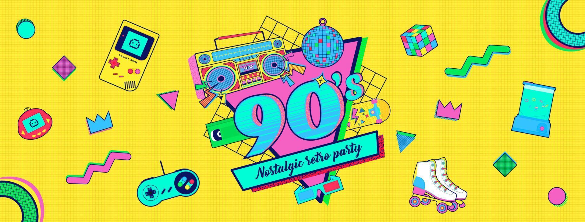 Banner de fiesta retro colorido nostálgico de memphis de los años 90 y 80 vector