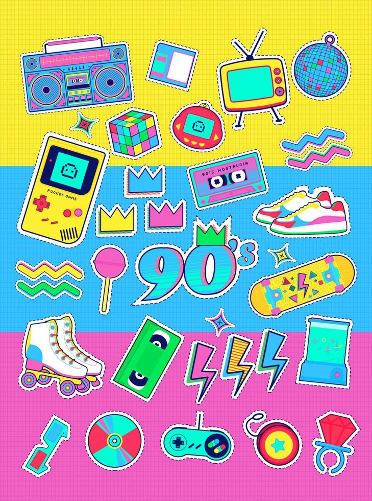 90s 80s memphis nostalgic colorful retro pop art stickers vector