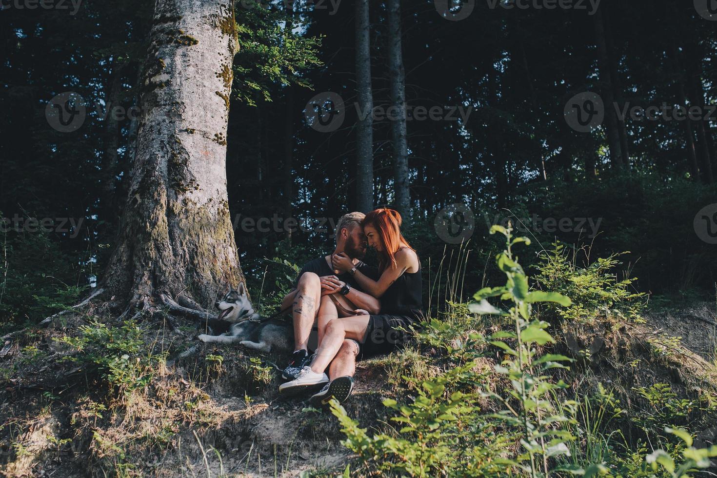 beautiful couple sitting in a forest near the tree photo