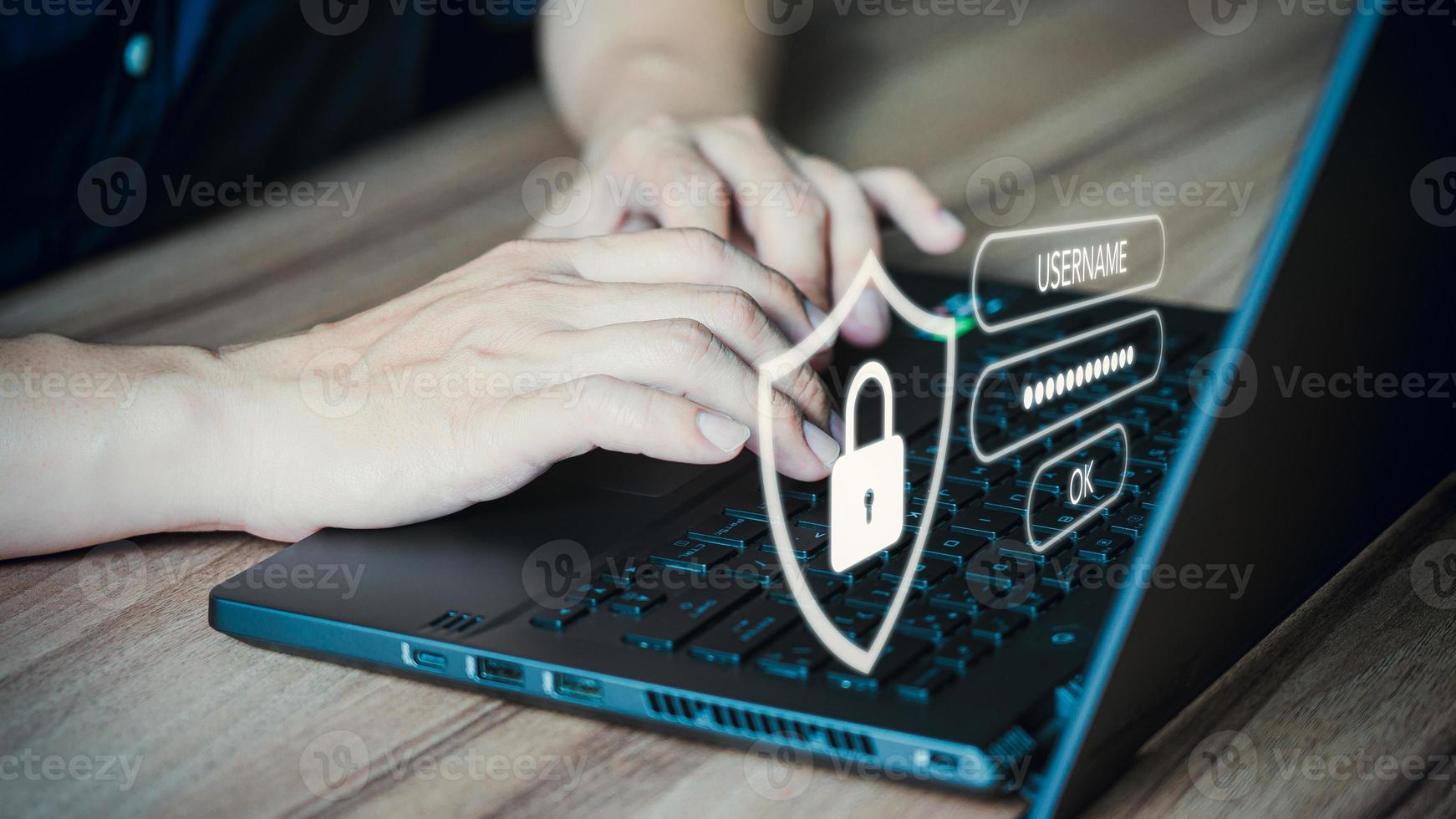 Man typing login and password, cyber security concept, Secure encryption and access to the user's private information to access the Internet. photo
