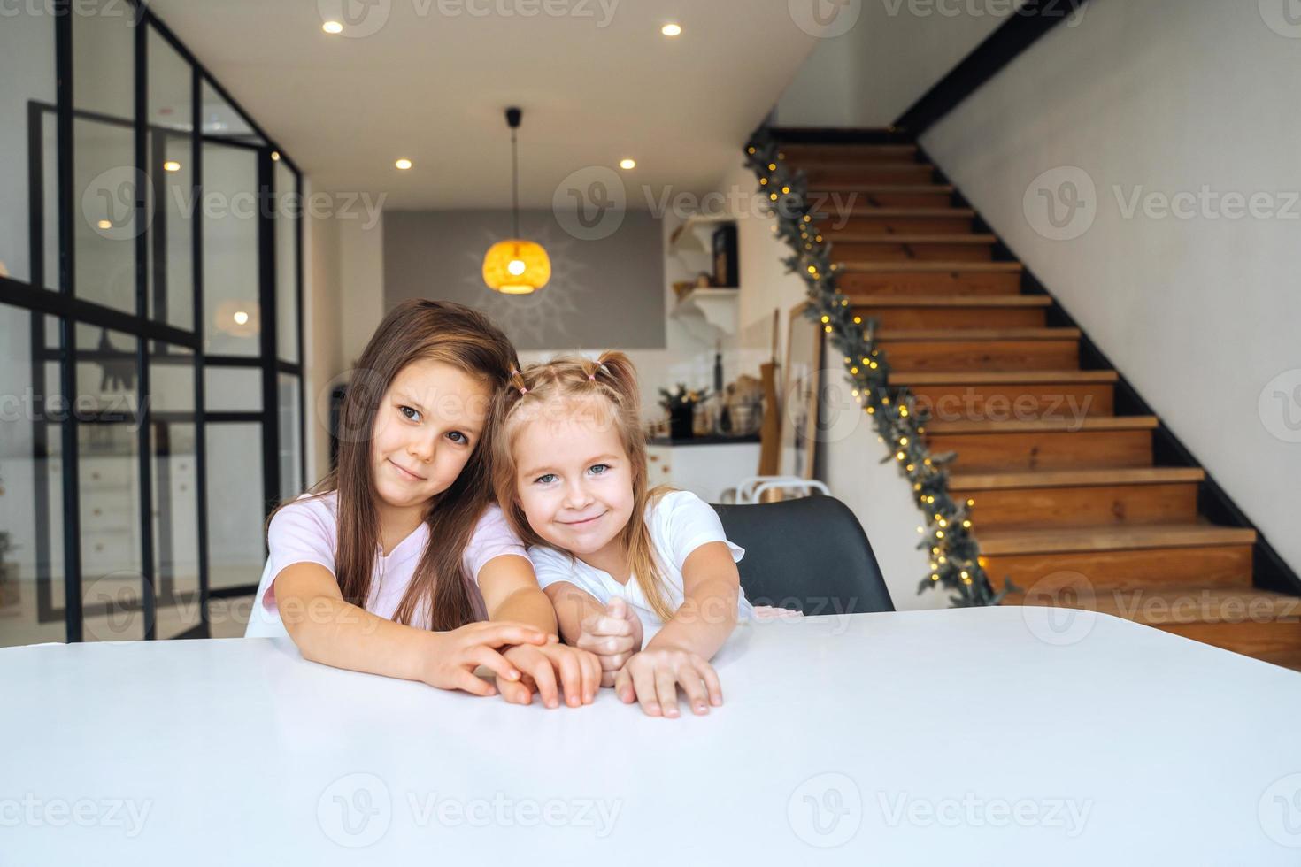 Two little girls at the table looking at the camera close-up photo