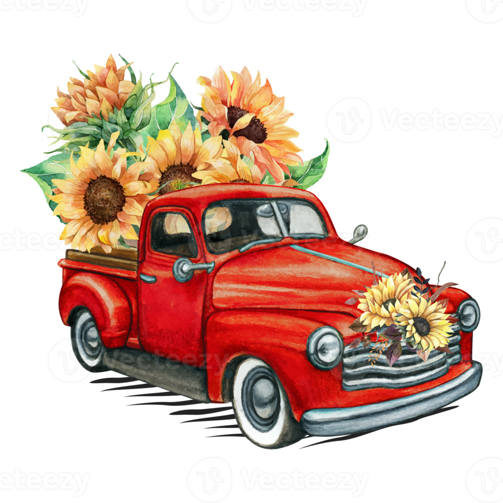 wijnoogst rood vrachtauto met zonnebloemen PNG sublimatie ontwerp downloads, aquarel zonnebloem land boerderij, waterglijbaan afbeelding, bekers clip art bestanden