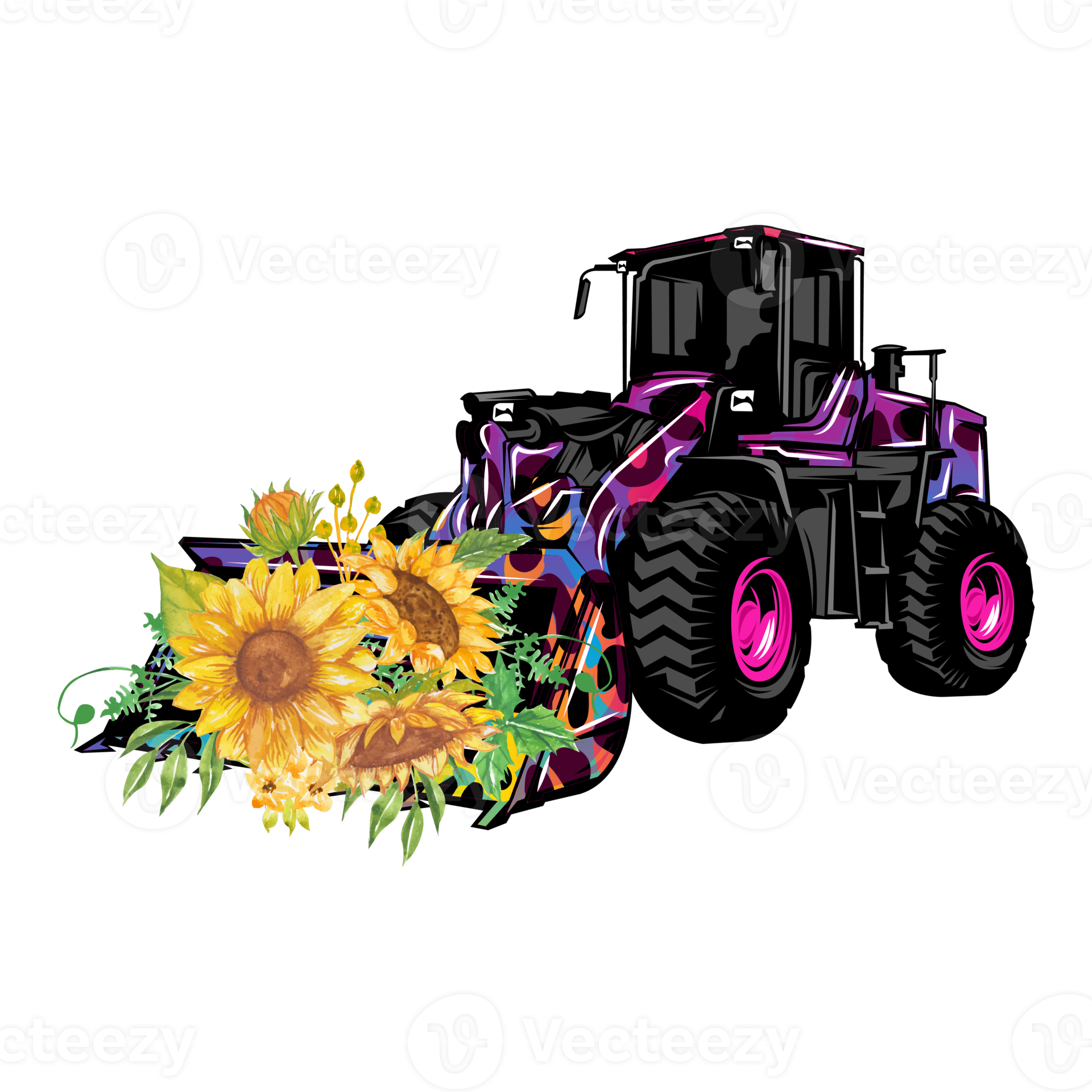 Tractor farm with big wheels PNG, Floral watercolor sunflower yellow