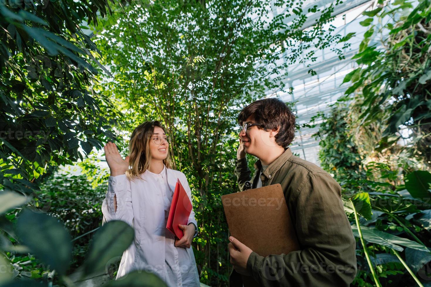 Young agricultural engineers working in big greenhouse photo