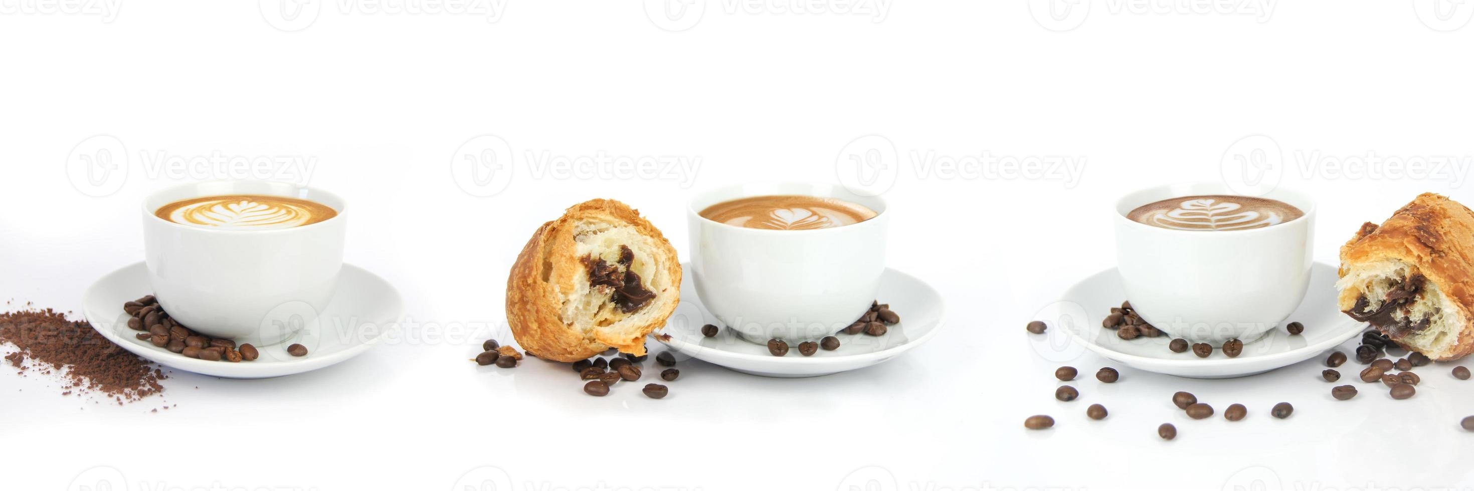 3 cups of coffee on white plates with cafe latte and croissants with chocolate, coffee seeds and powder on white isolated background. Render graphic done in studio. photo