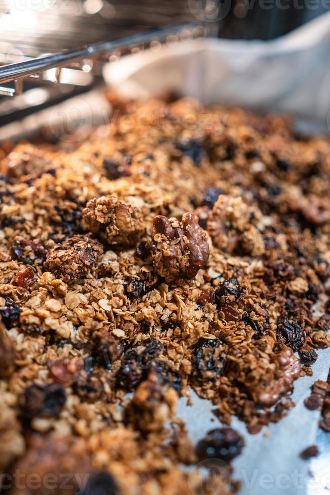 granola to cook in an electric oven. concept of simple ingredients for