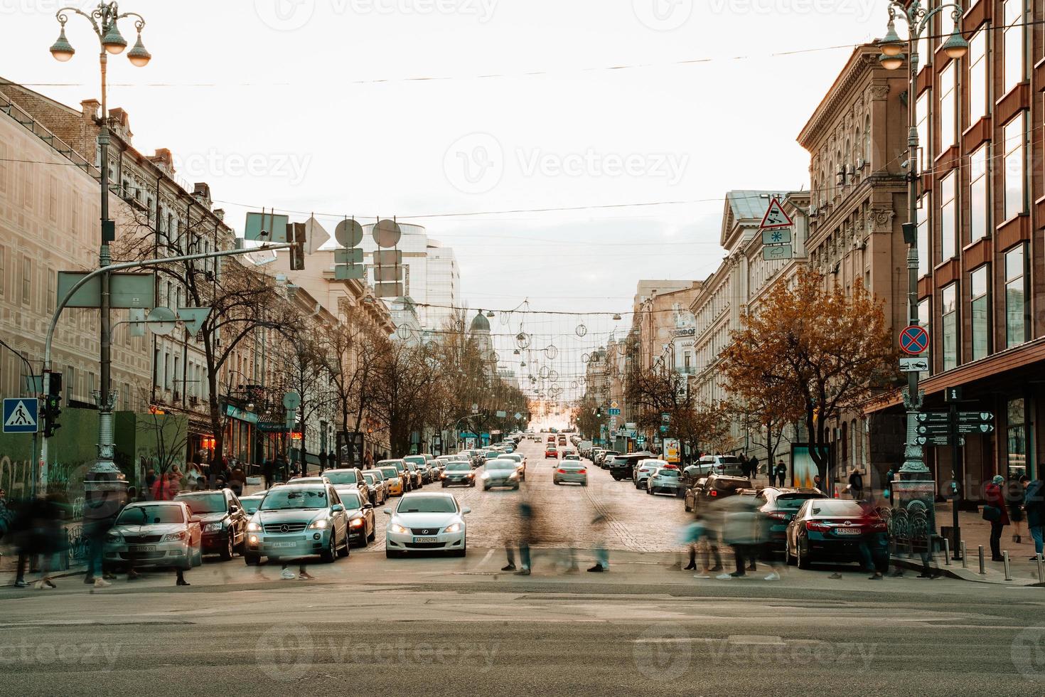 KIEV, UKRAINE - APRIL 14, 2019 Night view of the streets of Kiev. Urban fuss. Bogdan Khmelnitsky Street photo