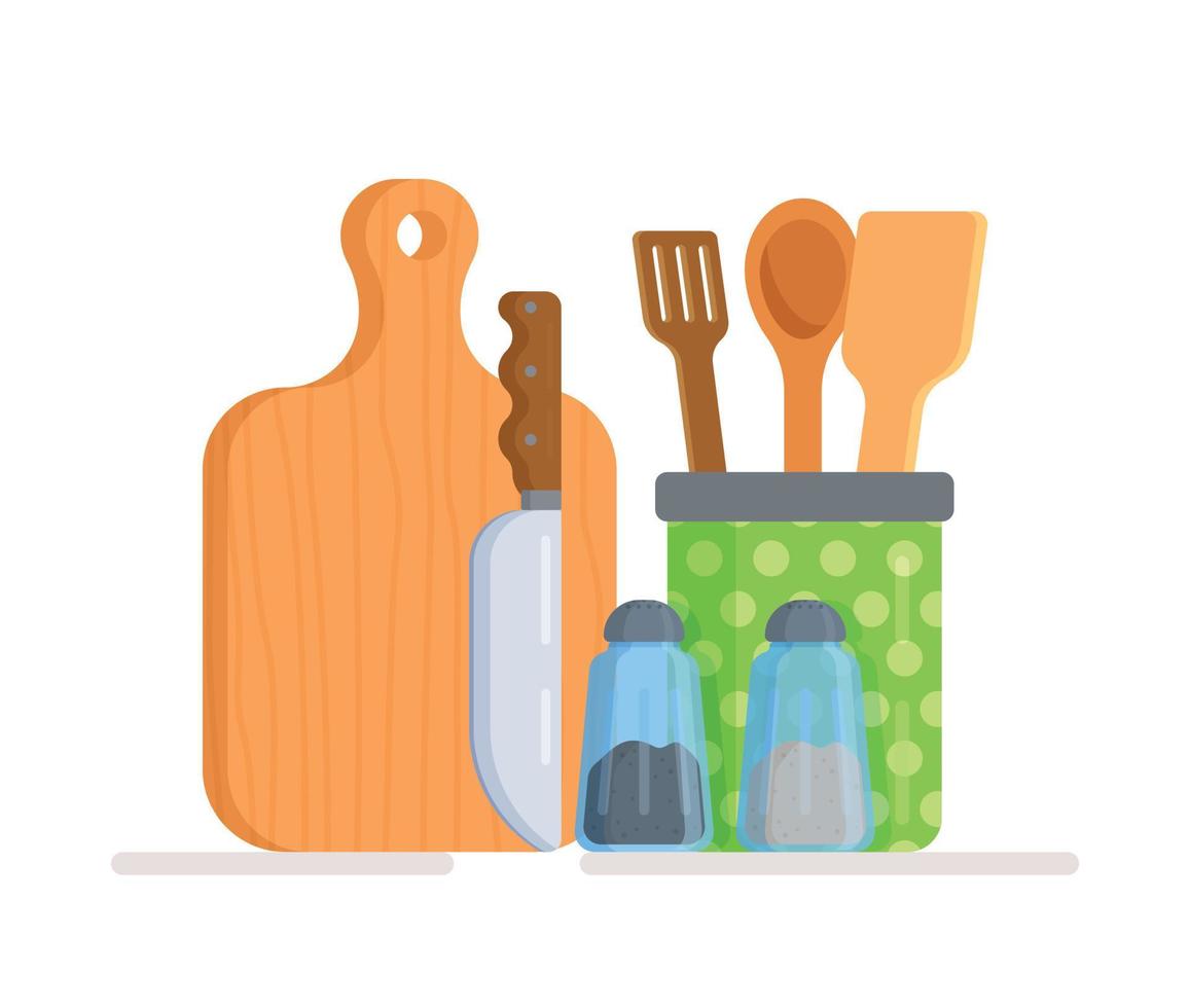 Vector illustration of the concept of kitchen utensils. Cutting board, knives and spatulas for cooking.