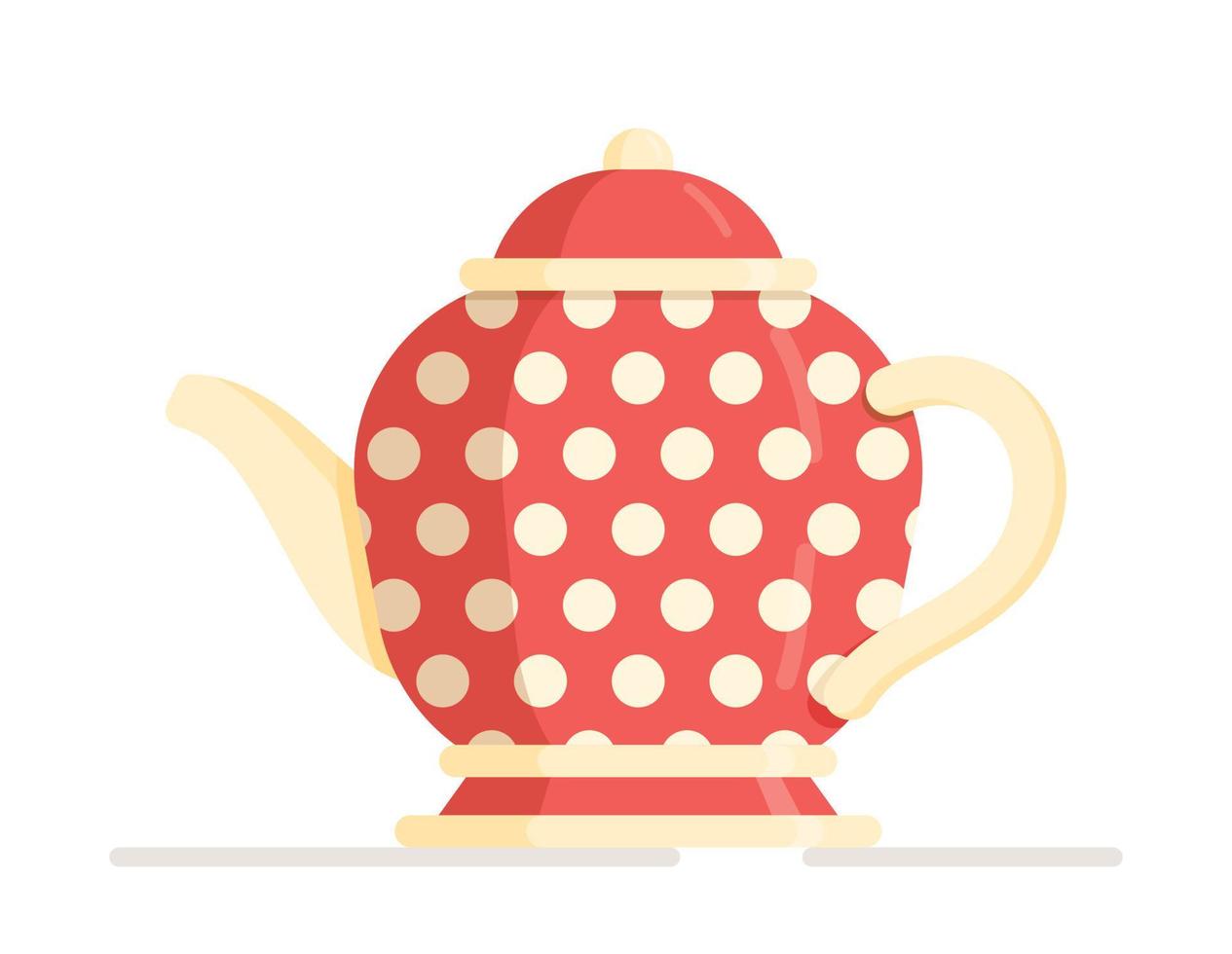 Vector illustration of a red teapot with white speckles. Cute ceramic colored teapot isolated on white background.