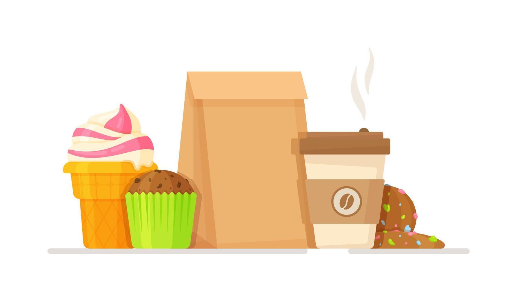 Vector illustration of sweet lunch. Hot coffee in a cup and delicious muffin, cookies, ice cream and more.