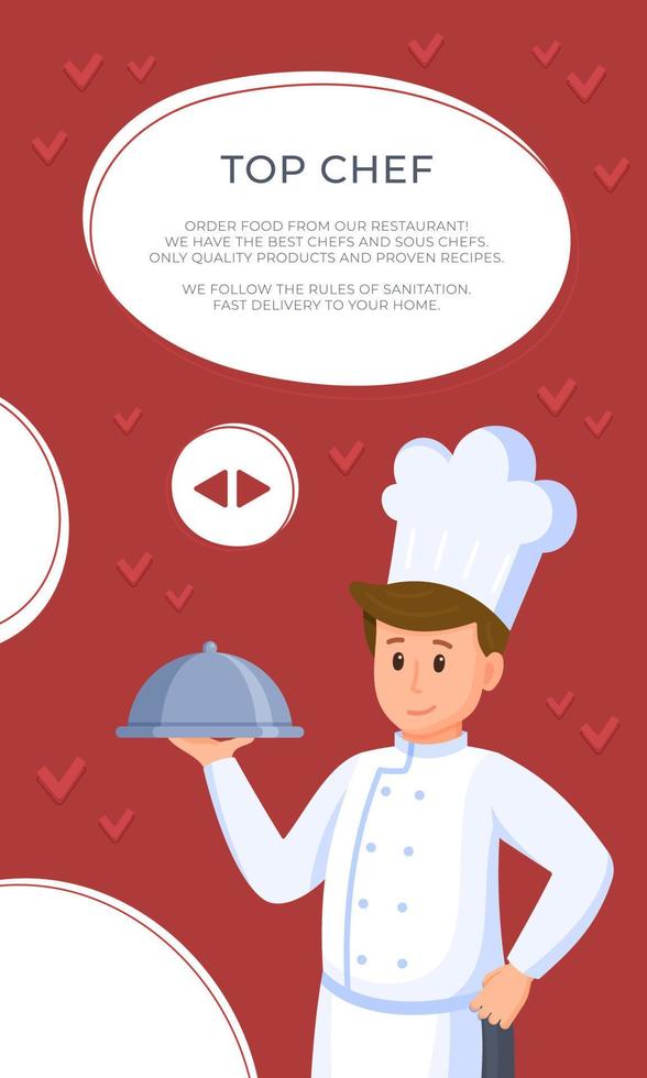 Vector illustration of restaurant flyer. Chef standing with dish in hand isolated on red and white background.