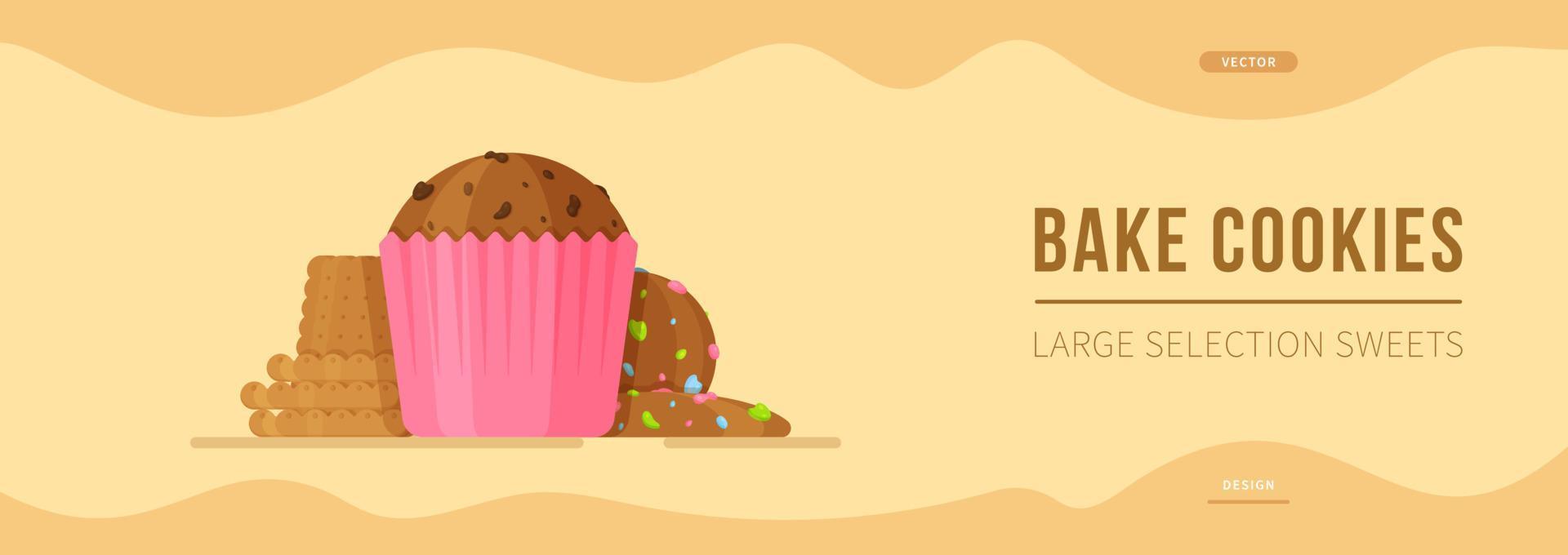 Vector illustration of a candy banner on a brown background with sweats.