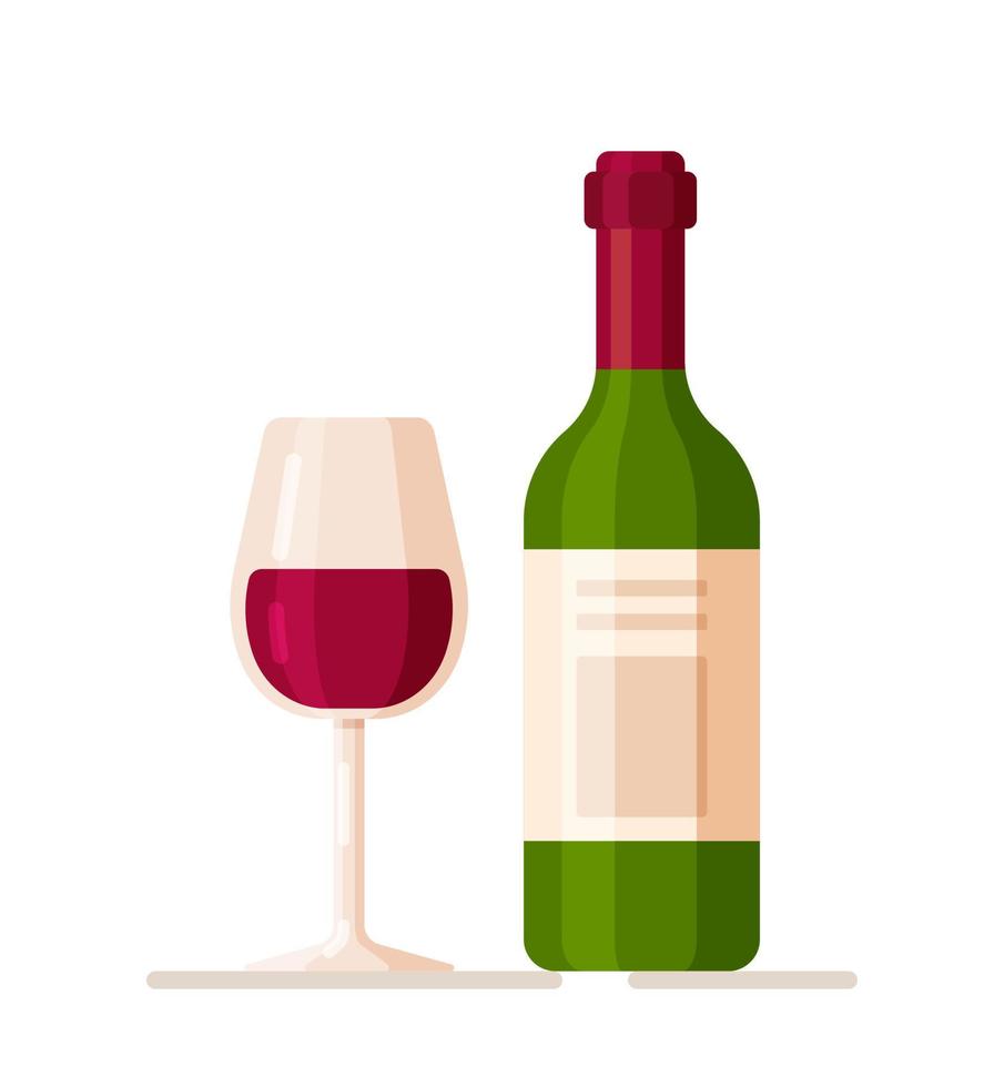 Vector illustration of a bottle of red wine. Transparent crystal wine glass.