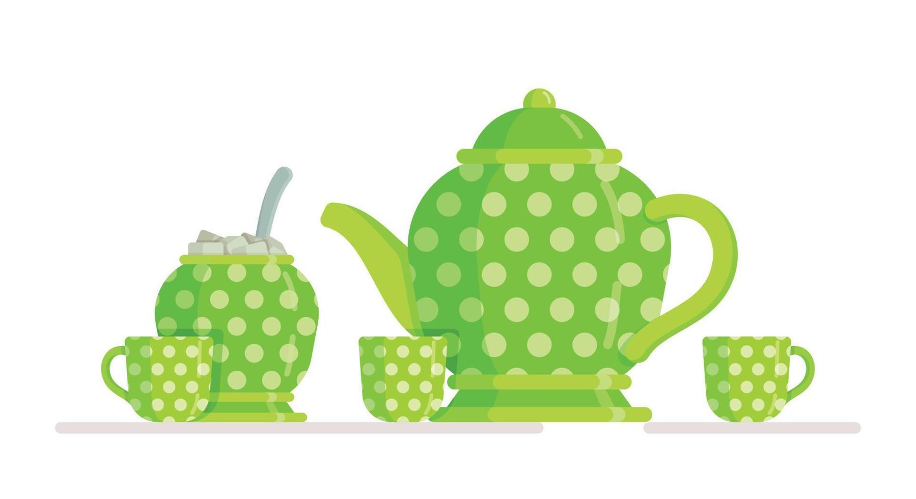 Vector illustration of a tea set. Teapot, cups and sugar bowl in white polka dots on green background.
