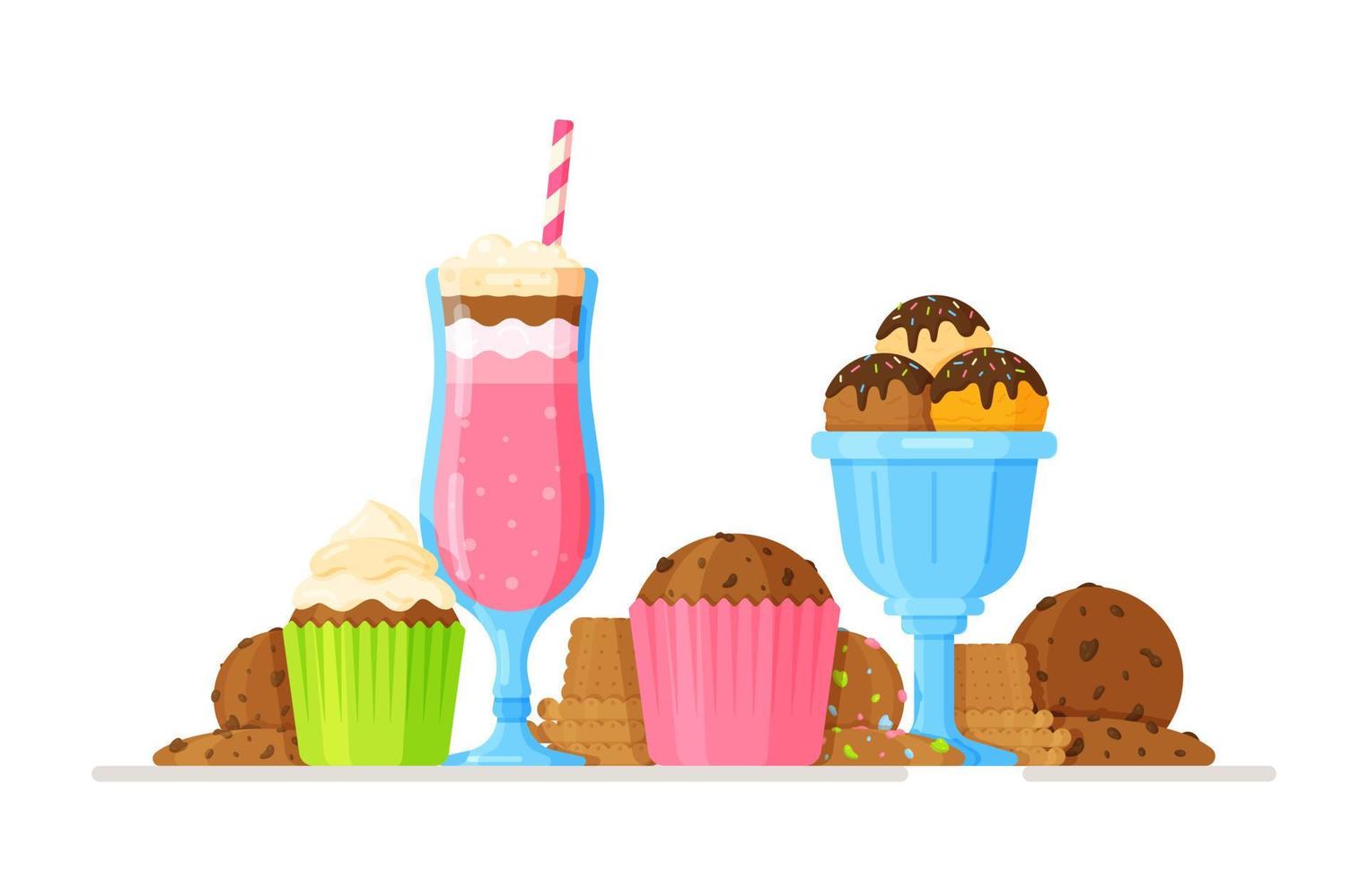 Vector illustration of strawberry milkshake, ice cream with chocolate and sprinkles, cookies, and cupcakes.