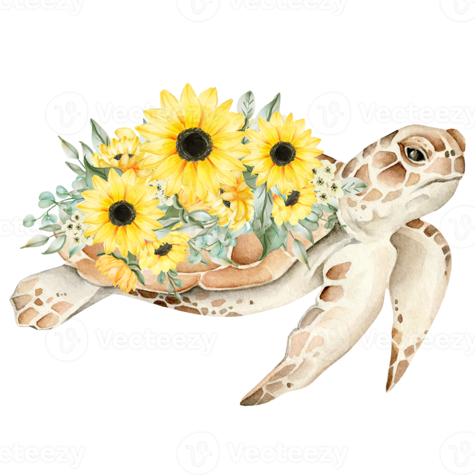 Watercolor Sea Turtle PNG with Sunflowers, Cute Sea Turtle Floral Sublimation design download, Turtle sublimate, Sunflower watercolor