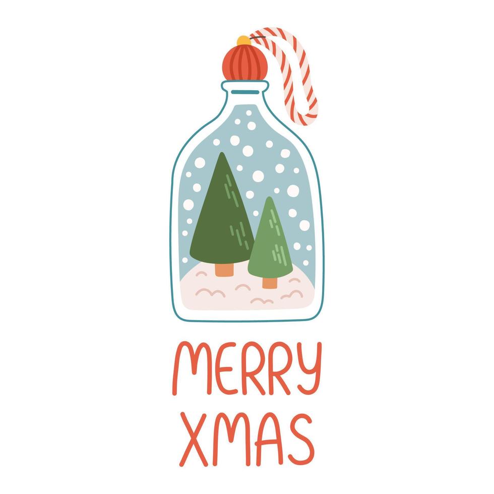 Merry Christmas snow globe lettering flat design isolated vector illustration