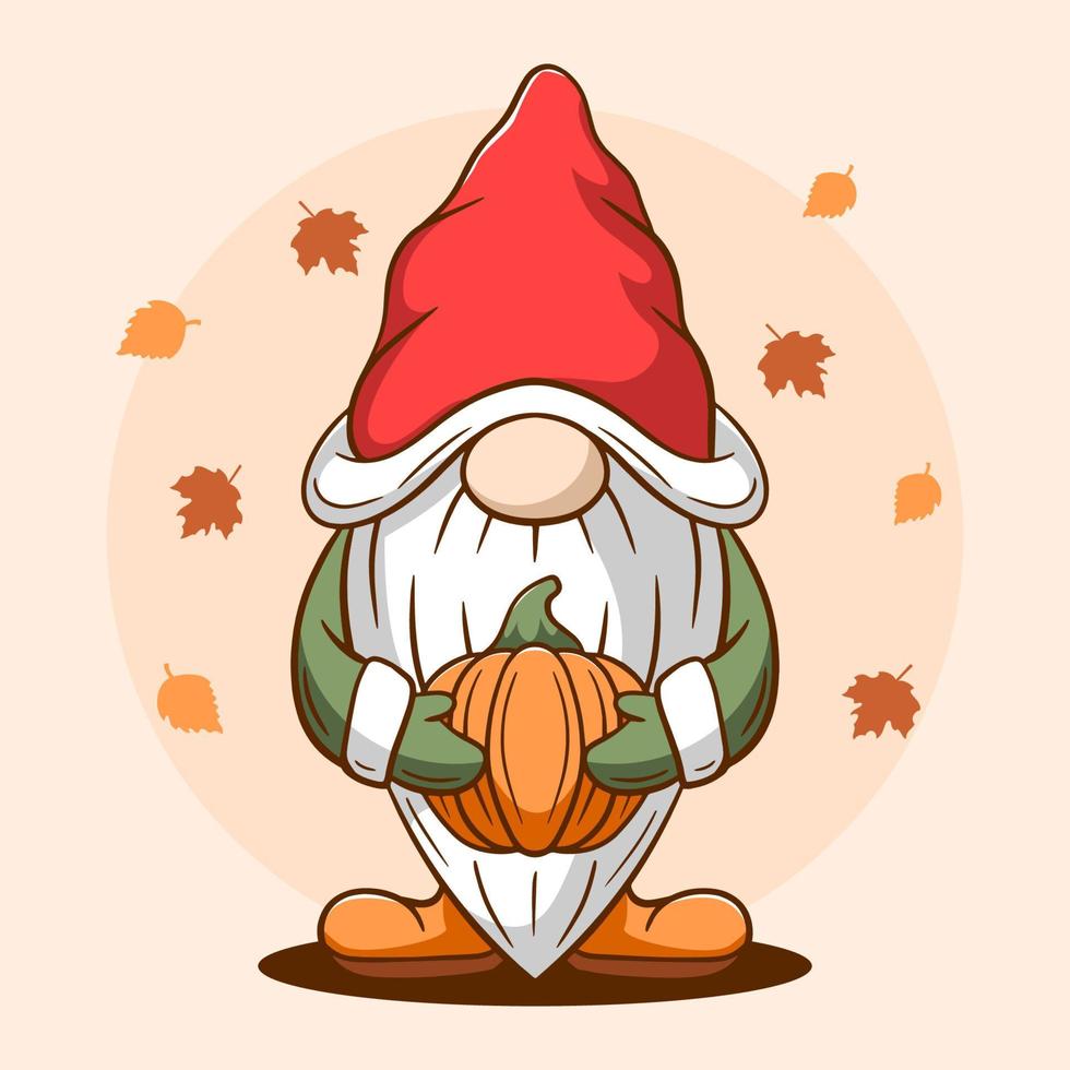 Hand drawn happy thanksgiving gnome with pumpkin vector