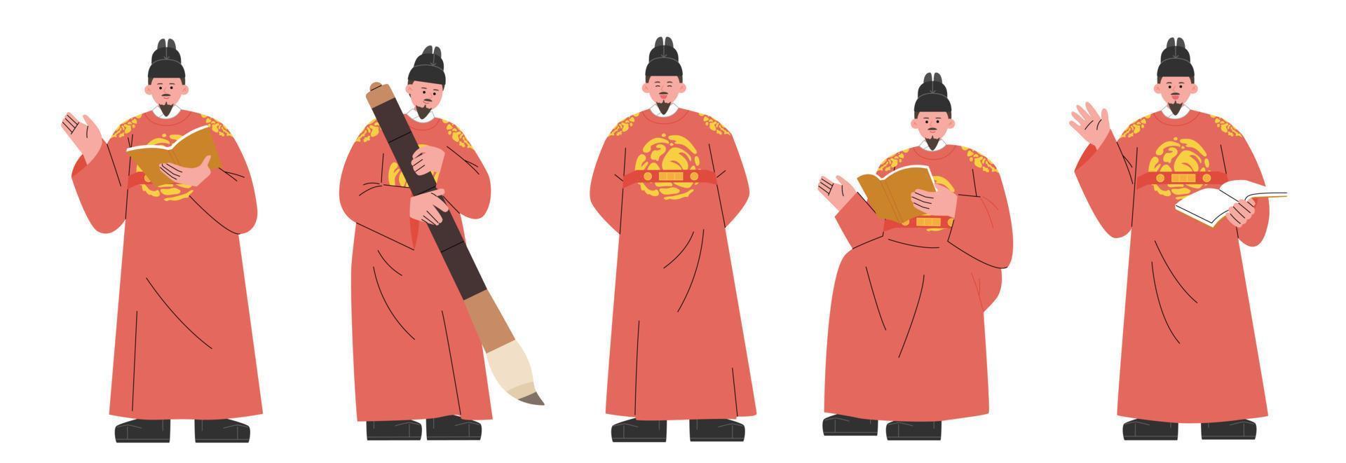 A collection of movements of King Sejong holding a book or a brush. flat design style vector illustration.