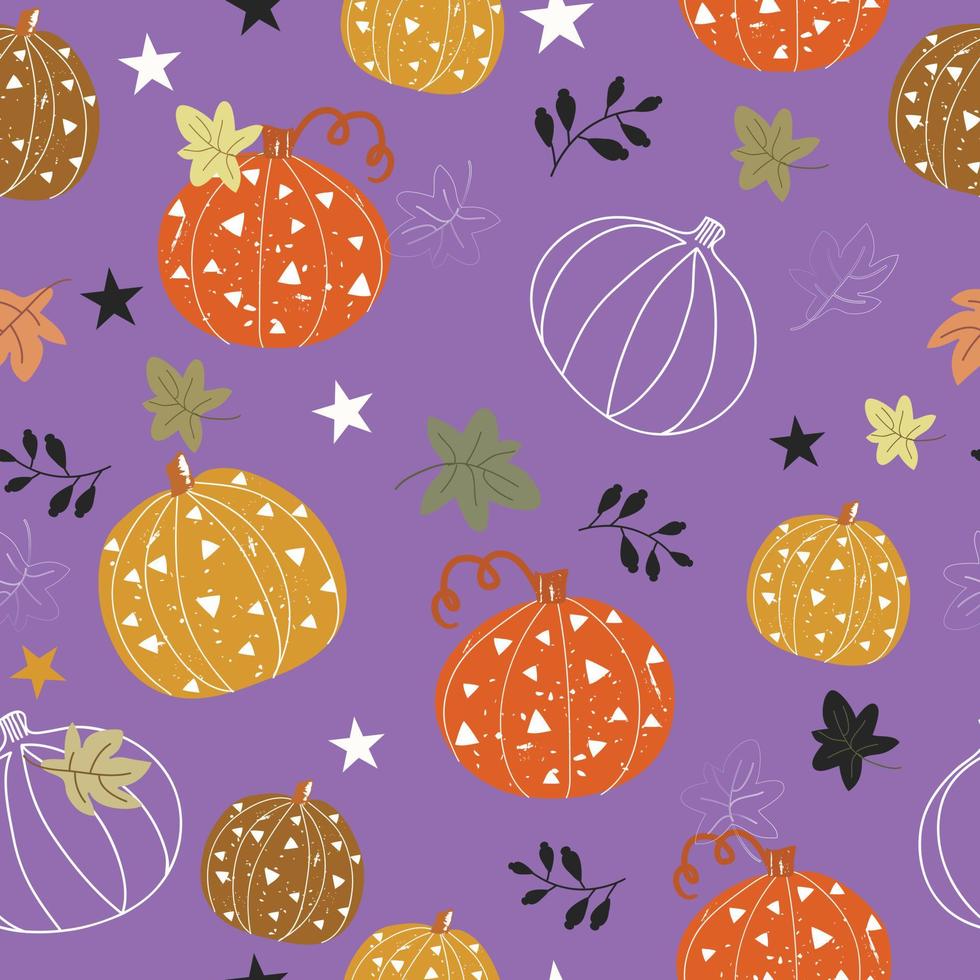 Pumpklin with ornament on violet background seamless pattern vector