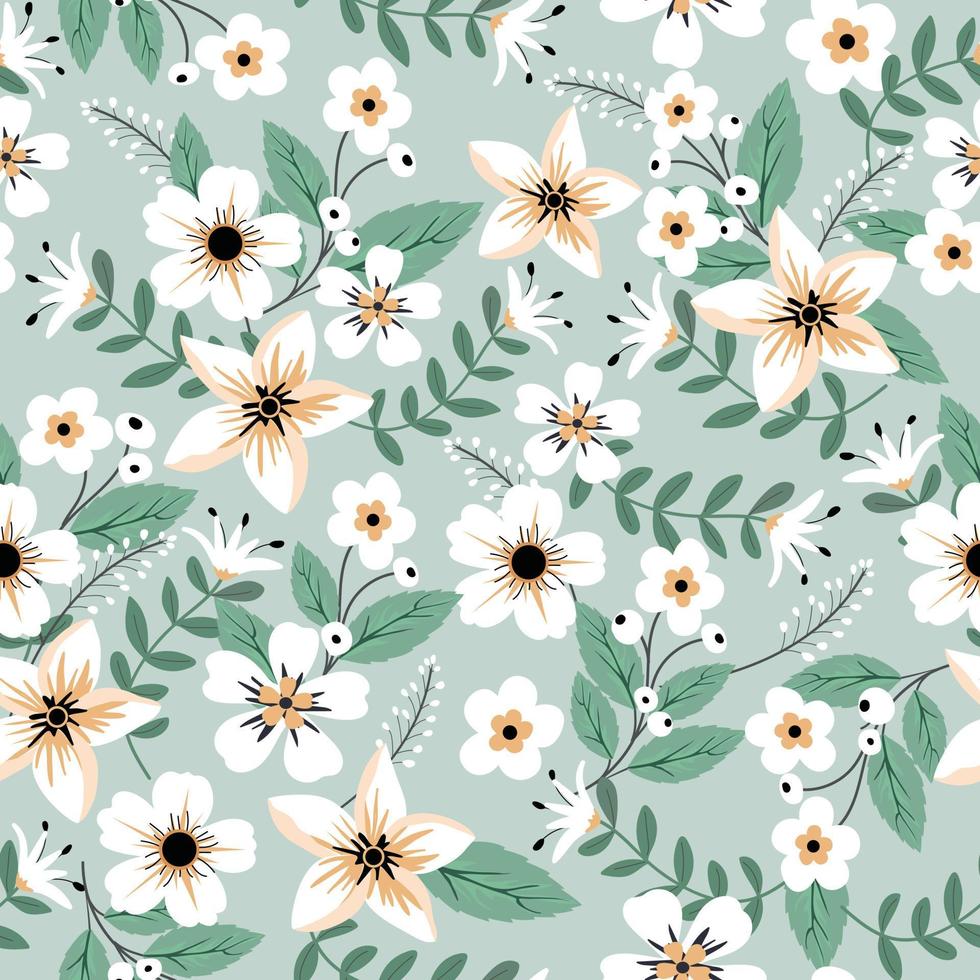 White flower and green leaf  seamless pattern vector