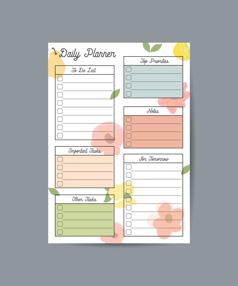 planificador con diseño original de plantas, flores, hojas. lindo planificador vectorial para notas diarias. bloc de notas, cuaderno, notas. vector