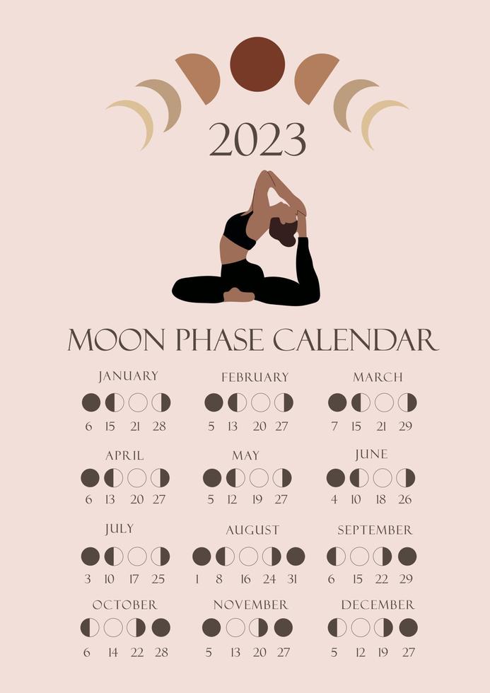calendario de fases lunares 2023 con una chica haciendo yoga. luna gibosa menguante, luna creciente, luna nueva, luna llena con fechas. vector