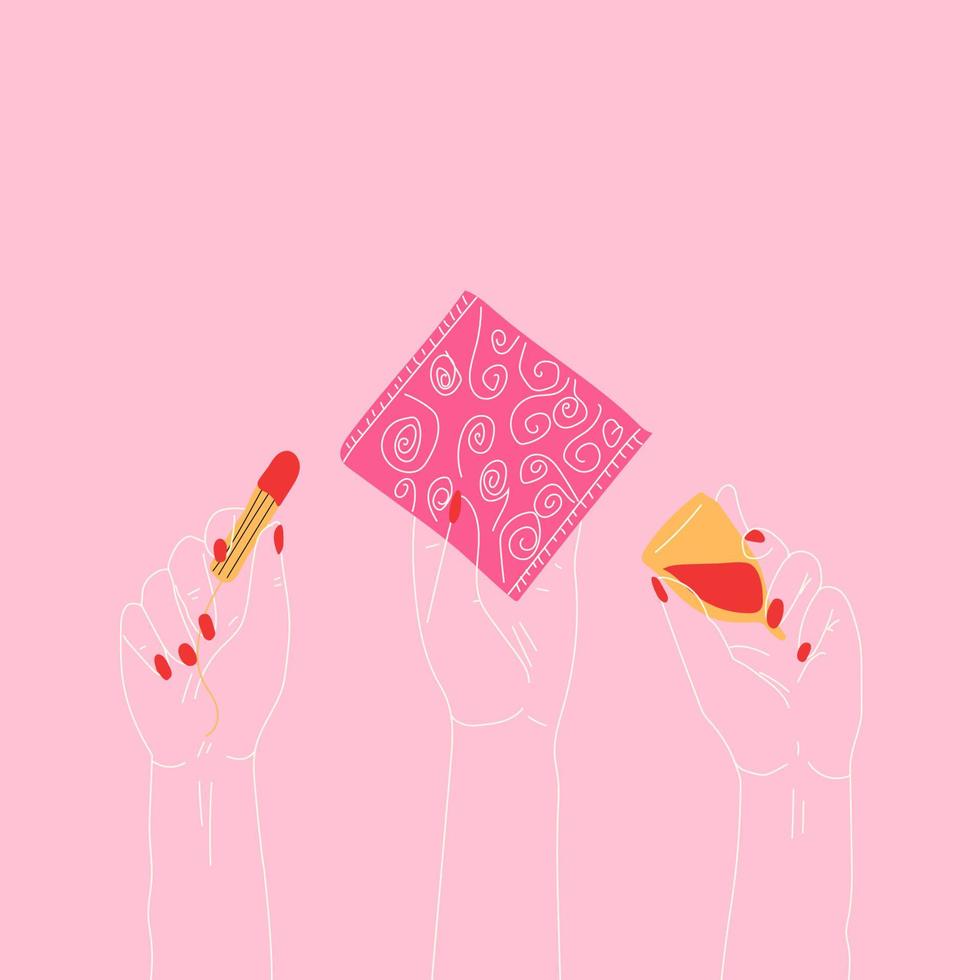 Hands holding tampon, menstrual cup and  gasket,napkin. Vector. All elements are isolated vector