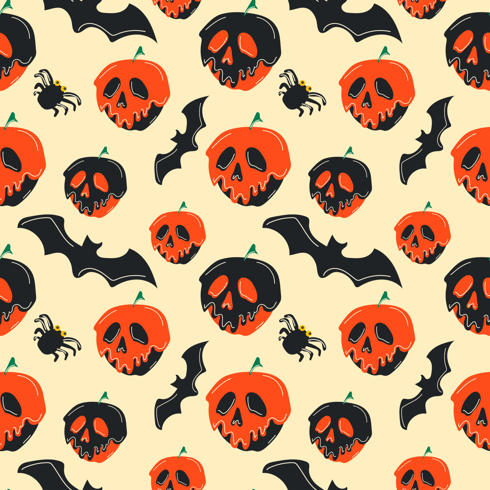 Seamless pattern with cute halloween an apple with a skull face cartoon