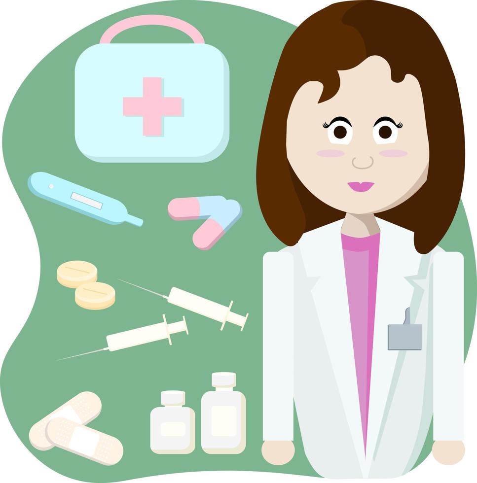 Medical kit with syringes, pills, medicine, thermometer and female doctor. vector