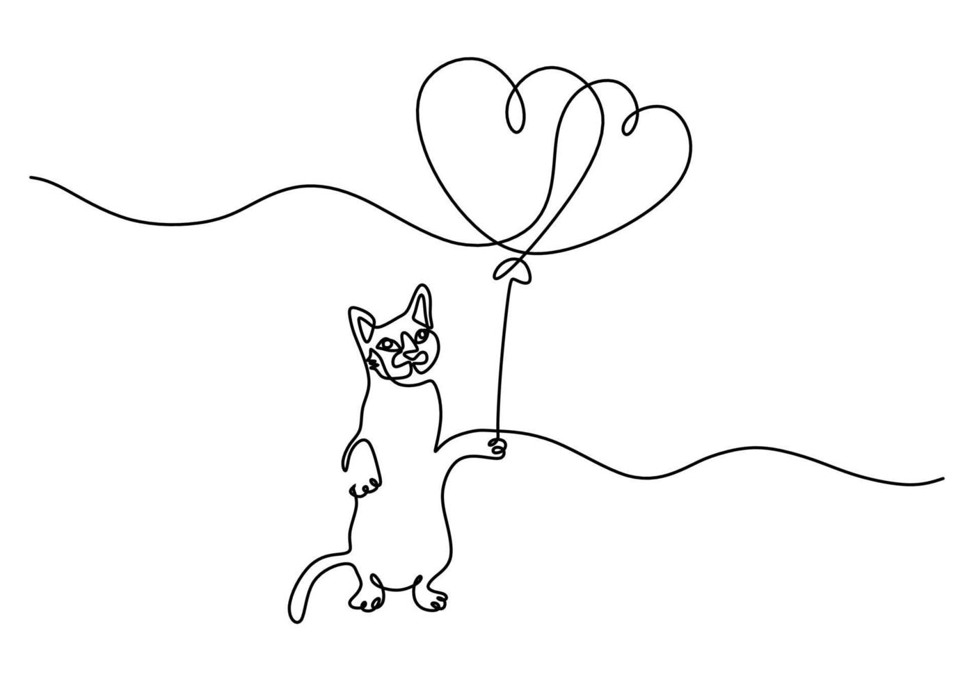 One continuous single line of cat bring balloon international cat day vector