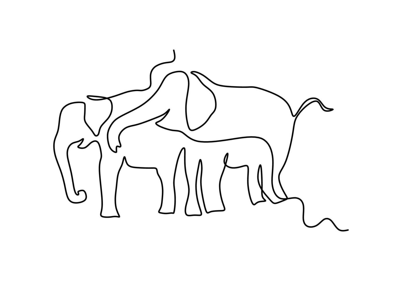 One continuous single line of elephant couple for world elephant day isolated on white background. vector