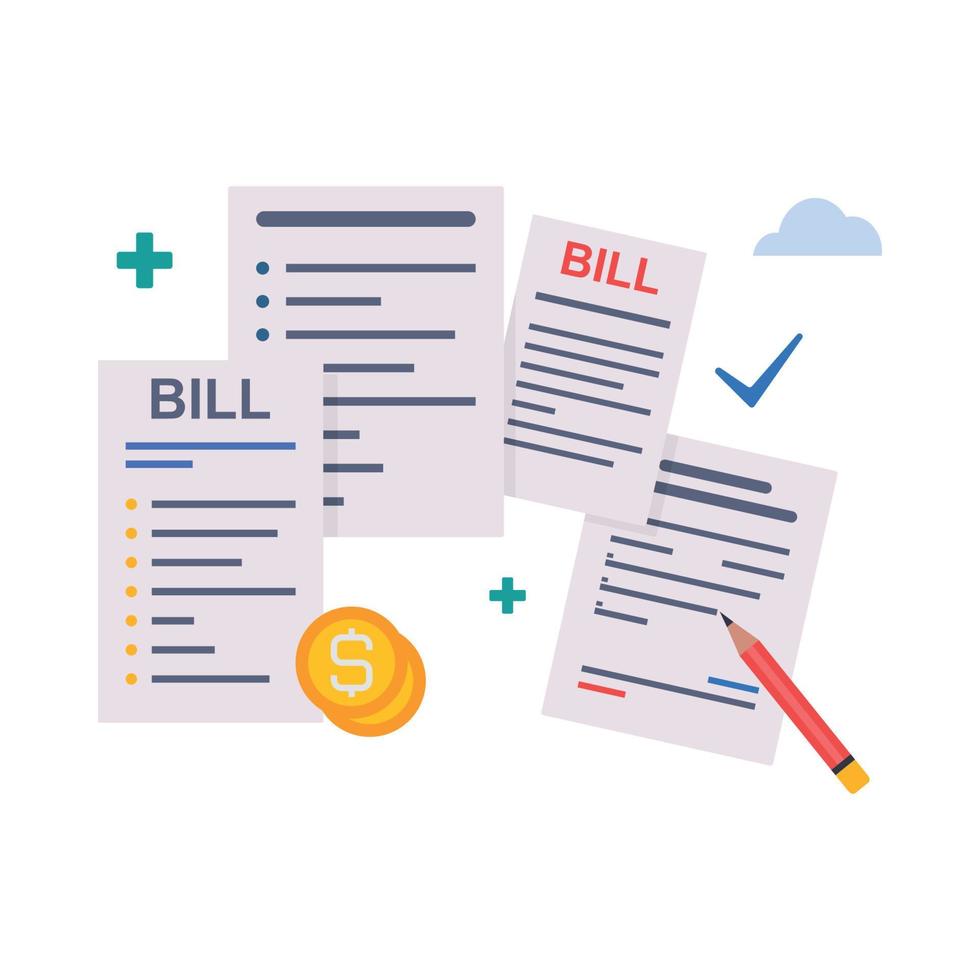 Signature bills with pencil. Payment of utility, bank, restaurant and other bills illustration. vector